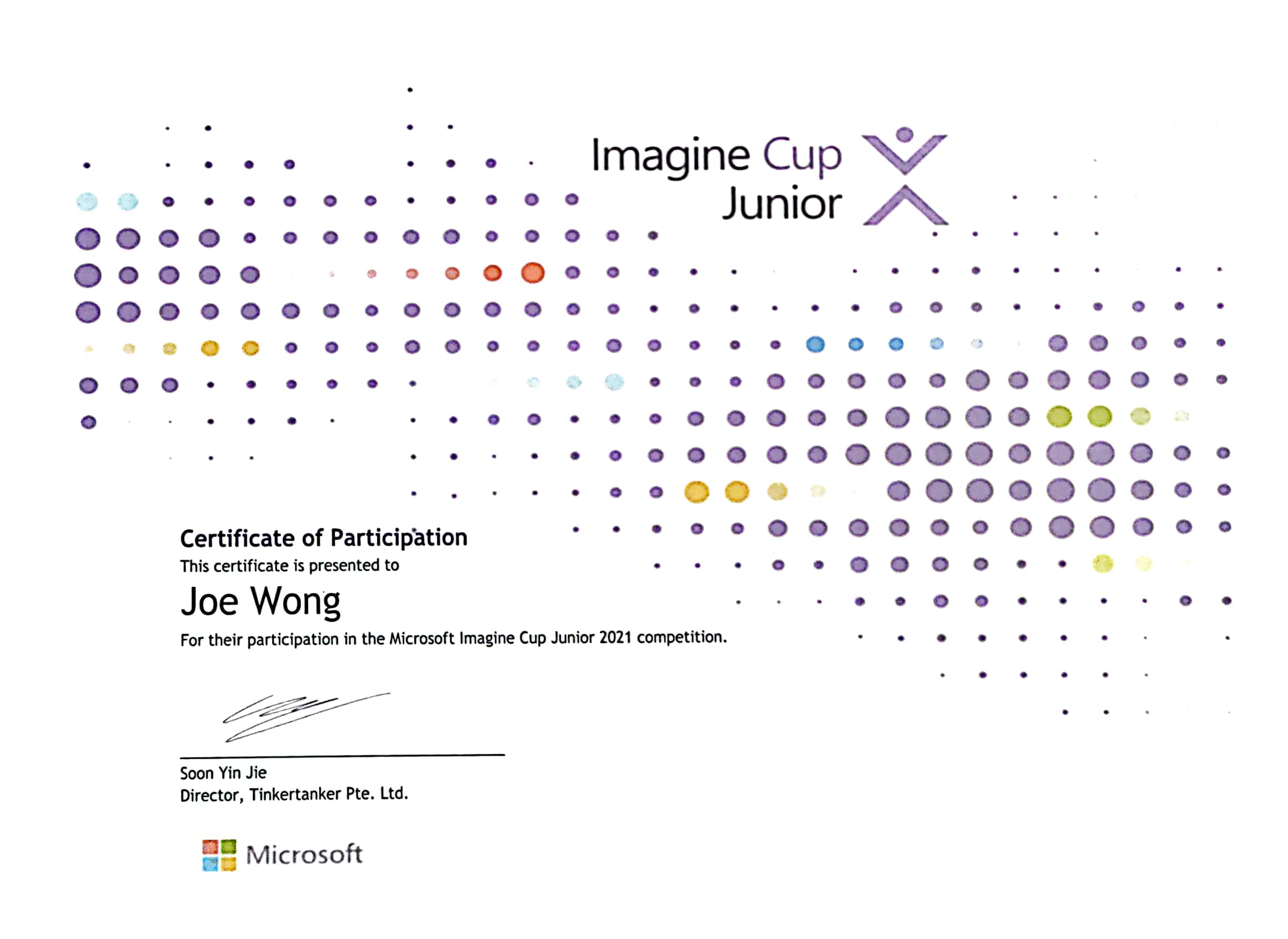 My Imagine Cup Junior Cert for 2021